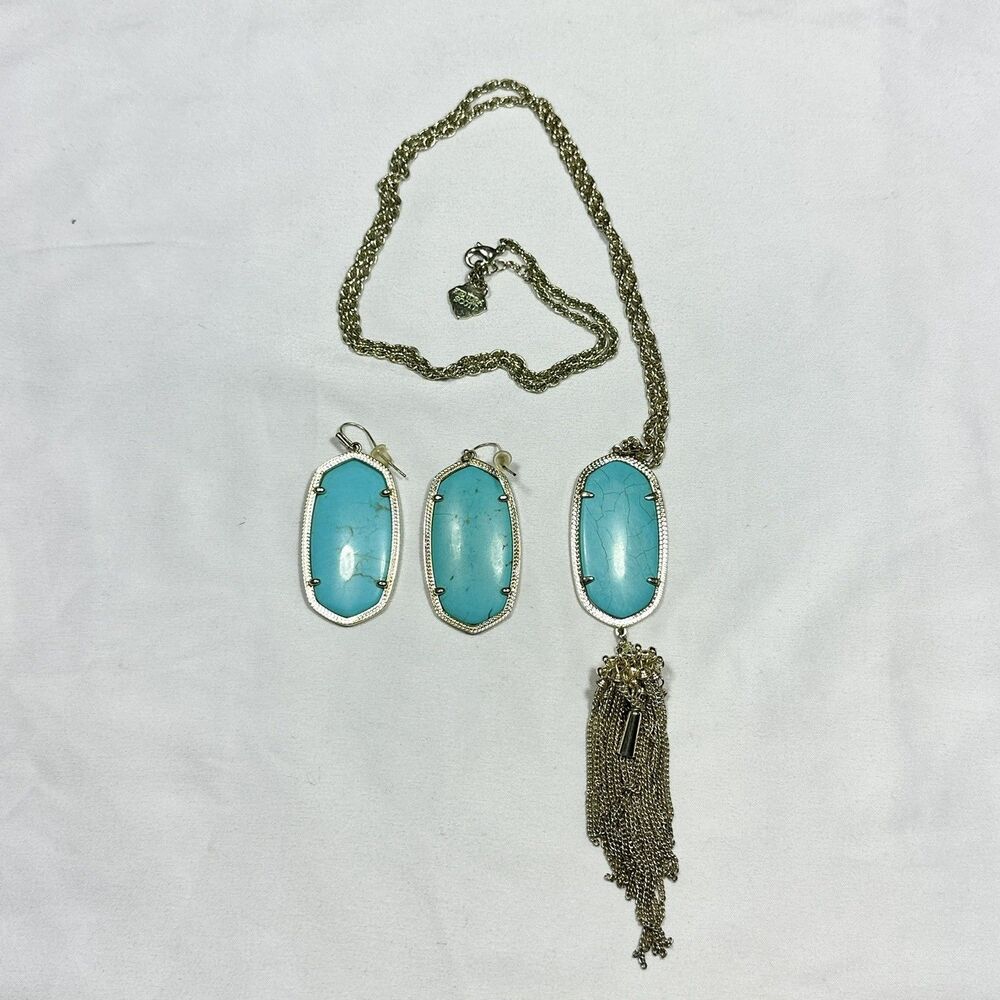 Kendra Scott Danielle Turquoise Gold Tone Drop Earrings & Rayne Tassell Necklace